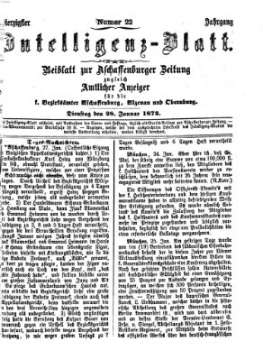 Aschaffenburger Zeitung. Intelligenz-Blatt : Beiblatt zur Aschaffenburger Zeitung ; zugleich amtlicher Anzeiger für die K. Bezirksämter Aschaffenburg, Alzenau und Obernburg (Aschaffenburger Zeitung) Dienstag 28. Januar 1873