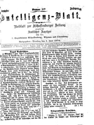 Aschaffenburger Zeitung. Intelligenz-Blatt : Beiblatt zur Aschaffenburger Zeitung ; zugleich amtlicher Anzeiger für die K. Bezirksämter Aschaffenburg, Alzenau und Obernburg (Aschaffenburger Zeitung) Dienstag 3. Juni 1873