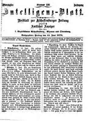 Aschaffenburger Zeitung. Intelligenz-Blatt : Beiblatt zur Aschaffenburger Zeitung ; zugleich amtlicher Anzeiger für die K. Bezirksämter Aschaffenburg, Alzenau und Obernburg (Aschaffenburger Zeitung) Freitag 13. Juni 1873