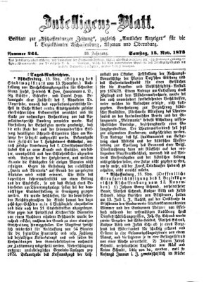 Aschaffenburger Zeitung. Intelligenz-Blatt : Beiblatt zur Aschaffenburger Zeitung ; zugleich amtlicher Anzeiger für die K. Bezirksämter Aschaffenburg, Alzenau und Obernburg (Aschaffenburger Zeitung) Samstag 15. November 1873