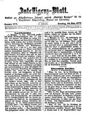 Aschaffenburger Zeitung. Intelligenz-Blatt : Beiblatt zur Aschaffenburger Zeitung ; zugleich amtlicher Anzeiger für die K. Bezirksämter Aschaffenburg, Alzenau und Obernburg (Aschaffenburger Zeitung) Dienstag 25. November 1873