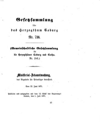 Gesetz-Sammlung für das Herzogtum Coburg (Coburger Regierungs-Blatt) Samstag 1. Juli 1871