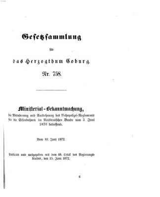 Gesetz-Sammlung für das Herzogtum Coburg (Coburger Regierungs-Blatt) Samstag 15. Juni 1872