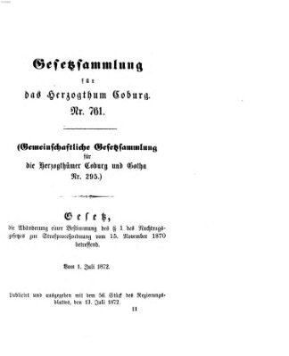 Gesetz-Sammlung für das Herzogtum Coburg (Coburger Regierungs-Blatt) Samstag 13. Juli 1872