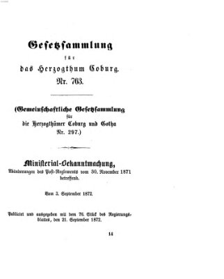 Gesetz-Sammlung für das Herzogtum Coburg (Coburger Regierungs-Blatt) Samstag 21. September 1872