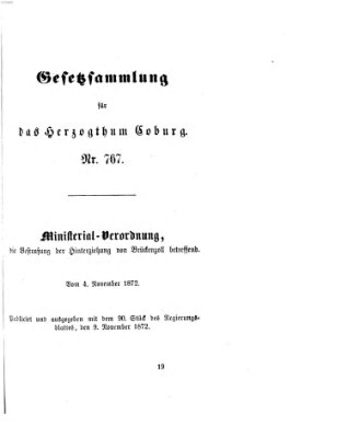 Gesetz-Sammlung für das Herzogtum Coburg (Coburger Regierungs-Blatt) Samstag 9. November 1872