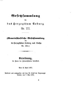 Gesetz-Sammlung für das Herzogtum Coburg (Coburger Regierungs-Blatt) Mittwoch 7. Mai 1873