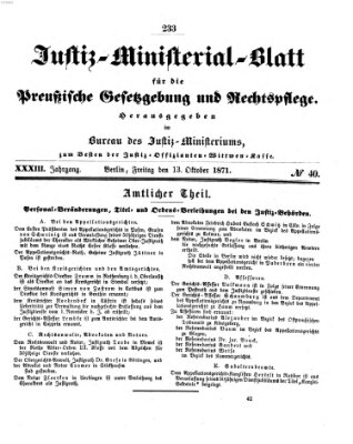 Justiz-Ministerialblatt für die preußische Gesetzgebung und Rechtspflege Freitag 13. Oktober 1871