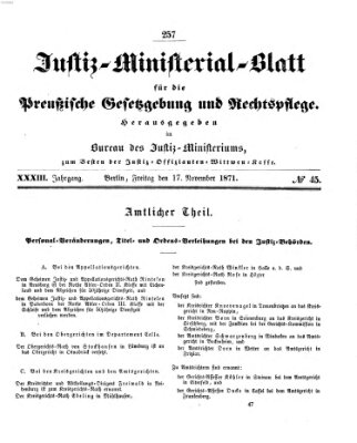 Justiz-Ministerialblatt für die preußische Gesetzgebung und Rechtspflege Freitag 17. November 1871