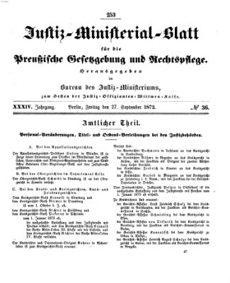 Justiz-Ministerialblatt für die preußische Gesetzgebung und Rechtspflege Freitag 27. September 1872