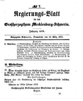 Regierungsblatt für Mecklenburg-Schwerin (Großherzoglich-Mecklenburg-Schwerinsches officielles Wochenblatt) Samstag 15. März 1873