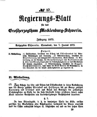 Regierungsblatt für Mecklenburg-Schwerin (Großherzoglich-Mecklenburg-Schwerinsches officielles Wochenblatt) Samstag 7. Juni 1873