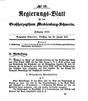 Regierungsblatt für Mecklenburg-Schwerin (Großherzoglich-Mecklenburg-Schwerinsches officielles Wochenblatt) Dienstag 24. Juni 1873