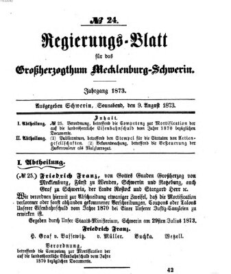 Regierungsblatt für Mecklenburg-Schwerin (Großherzoglich-Mecklenburg-Schwerinsches officielles Wochenblatt) Samstag 9. August 1873