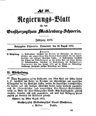 Regierungsblatt für Mecklenburg-Schwerin (Großherzoglich-Mecklenburg-Schwerinsches officielles Wochenblatt) Samstag 30. August 1873