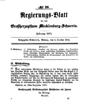 Regierungsblatt für Mecklenburg-Schwerin (Großherzoglich-Mecklenburg-Schwerinsches officielles Wochenblatt) Montag 6. Oktober 1873