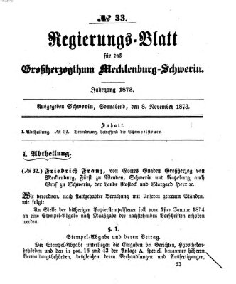 Regierungsblatt für Mecklenburg-Schwerin (Großherzoglich-Mecklenburg-Schwerinsches officielles Wochenblatt) Samstag 8. November 1873