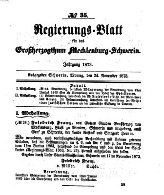 Regierungsblatt für Mecklenburg-Schwerin (Großherzoglich-Mecklenburg-Schwerinsches officielles Wochenblatt) Montag 24. November 1873