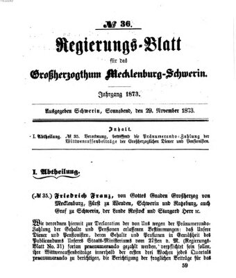 Regierungsblatt für Mecklenburg-Schwerin (Großherzoglich-Mecklenburg-Schwerinsches officielles Wochenblatt) Samstag 29. November 1873