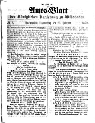 Amtsblatt der Regierung in Wiesbaden (Herzoglich-nassauisches allgemeines Intelligenzblatt) Donnerstag 29. Februar 1872