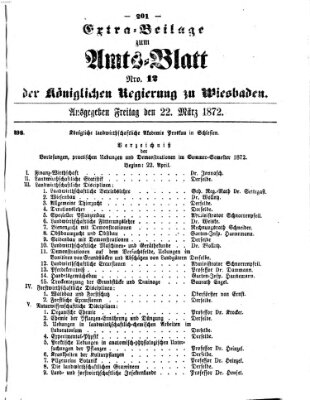 Amtsblatt der Regierung in Wiesbaden (Herzoglich-nassauisches allgemeines Intelligenzblatt) Freitag 22. März 1872