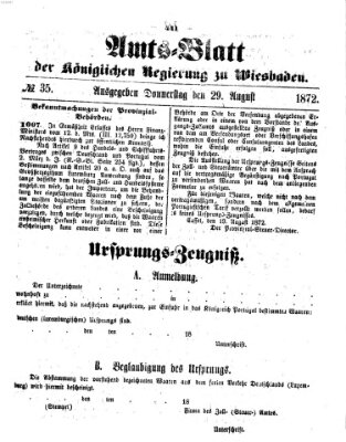 Amtsblatt der Regierung in Wiesbaden (Herzoglich-nassauisches allgemeines Intelligenzblatt) Donnerstag 29. August 1872