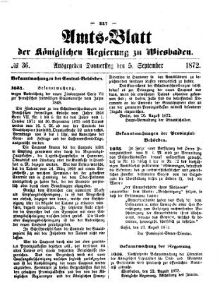 Amtsblatt der Regierung in Wiesbaden (Herzoglich-nassauisches allgemeines Intelligenzblatt) Donnerstag 5. September 1872