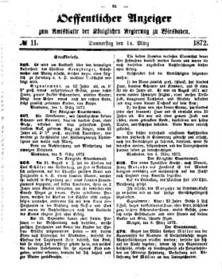 Amtsblatt der Regierung in Wiesbaden (Herzoglich-nassauisches allgemeines Intelligenzblatt) Donnerstag 14. März 1872