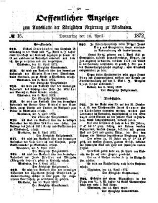 Amtsblatt der Regierung in Wiesbaden (Herzoglich-nassauisches allgemeines Intelligenzblatt) Donnerstag 18. April 1872