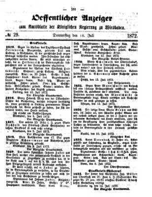 Amtsblatt der Regierung in Wiesbaden (Herzoglich-nassauisches allgemeines Intelligenzblatt) Donnerstag 18. Juli 1872