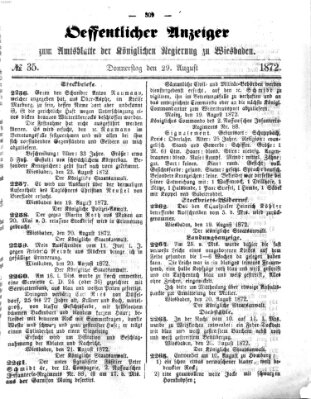 Amtsblatt der Regierung in Wiesbaden (Herzoglich-nassauisches allgemeines Intelligenzblatt) Donnerstag 29. August 1872