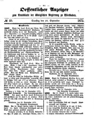 Amtsblatt der Regierung in Wiesbaden (Herzoglich-nassauisches allgemeines Intelligenzblatt) Samstag 28. September 1872