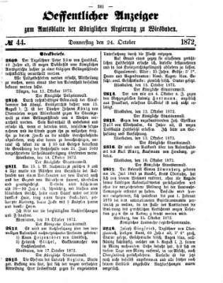 Amtsblatt der Regierung in Wiesbaden (Herzoglich-nassauisches allgemeines Intelligenzblatt) Donnerstag 24. Oktober 1872