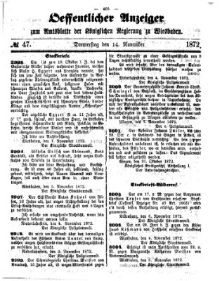 Amtsblatt der Regierung in Wiesbaden (Herzoglich-nassauisches allgemeines Intelligenzblatt) Donnerstag 14. November 1872