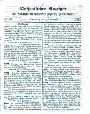 Amtsblatt der Regierung in Wiesbaden (Herzoglich-nassauisches allgemeines Intelligenzblatt) Donnerstag 21. November 1872