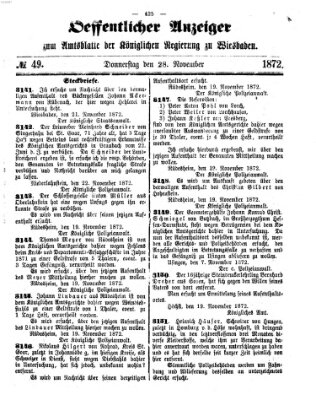 Amtsblatt der Regierung in Wiesbaden (Herzoglich-nassauisches allgemeines Intelligenzblatt) Donnerstag 28. November 1872