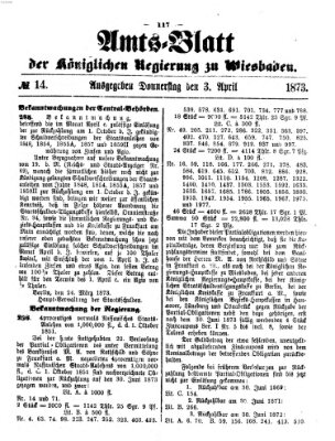 Amtsblatt der Regierung in Wiesbaden (Herzoglich-nassauisches allgemeines Intelligenzblatt) Donnerstag 3. April 1873