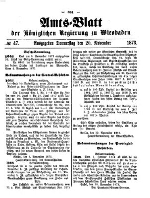 Amtsblatt der Regierung in Wiesbaden (Herzoglich-nassauisches allgemeines Intelligenzblatt) Donnerstag 20. November 1873