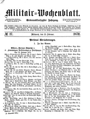 Militär-Wochenblatt Mittwoch 21. Februar 1872