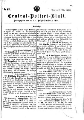 Zentralpolizeiblatt Mittwoch 19. März 1873