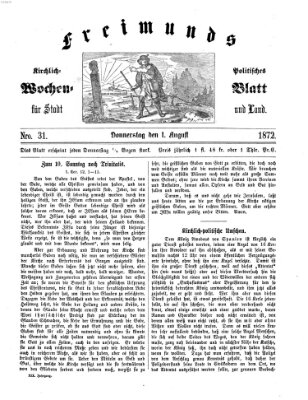 Freimund's kirchlich-politisches Wochenblatt für Stadt und Land Donnerstag 1. August 1872