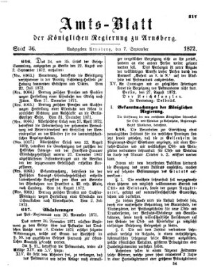 Amtsblatt für den Regierungsbezirk Arnsberg Samstag 7. September 1872