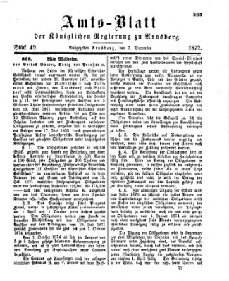 Amtsblatt für den Regierungsbezirk Arnsberg Samstag 7. Dezember 1872