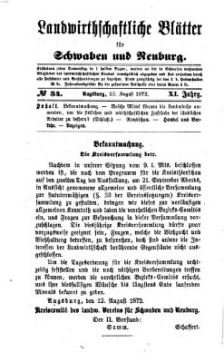 Landwirtschaftliche Blätter für Schwaben und Neuburg Donnerstag 22. August 1872