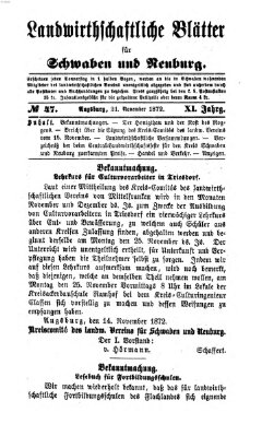 Landwirtschaftliche Blätter für Schwaben und Neuburg Donnerstag 21. November 1872