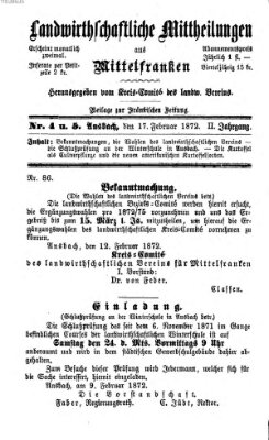 Landwirthschaftliche Mittheilungen aus Mittelfranken (Ansbacher Morgenblatt) Samstag 17. Februar 1872