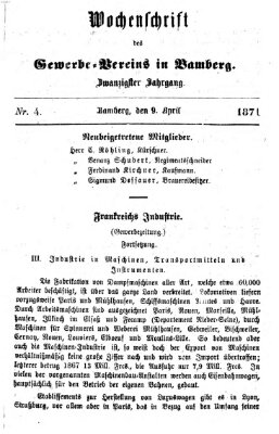 Wochenschrift des Gewerbe-Vereins Bamberg Sonntag 9. April 1871