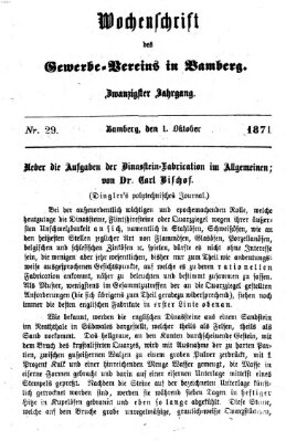 Wochenschrift des Gewerbe-Vereins Bamberg Sonntag 1. Oktober 1871