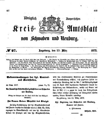 Königlich Bayerisches Kreis-Amtsblatt von Schwaben und Neuburg Samstag 23. März 1872