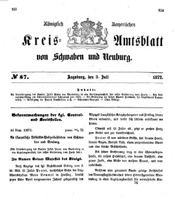 Königlich Bayerisches Kreis-Amtsblatt von Schwaben und Neuburg Mittwoch 3. Juli 1872